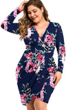 Floral Light Blue Womens Plus Size Long Sleeves & Sleeveless Deep V Neck Bodycon Wrap Dress With Front Slit - Laolasi