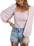 Pink Blouses for Women Puff Long Sleeve Square Neck Tops Off The Shoulder Floral - EVALESS | Women's Tops and Blouses