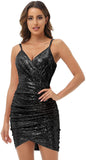 Black Women's Sexy Sequin Sparkly Glitter Ruched Party Club Dress Spaghetti Straps Wrap V-neck Bodycon Dress - Grace Karin | Women's Formal Dresses