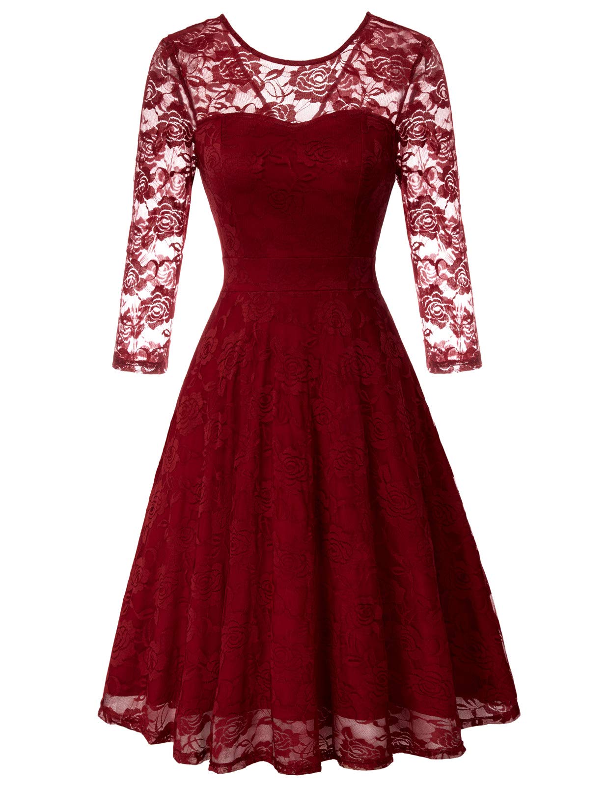 Wine Red Ladies Vintage Floral Cocktail Party Wedding Guest A Line Lace Dresses - JASAMBAC