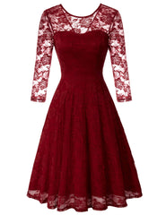 Wine Red Ladies Vintage Floral Cocktail Party Wedding Guest A Line Lace Dresses - JASAMBAC