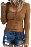Brown Women's Long Sleeve Shirts Casual Fall Henley Top Button Down Blouses Basic Ribbed Knit T Shirts - Kissfix | Women's Tops and Blouses