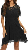 Black Women's Elegant Round Neck Short Sleeve A-Line Lace Dress - ALLANDWELL | Women's Cocktail Dresses