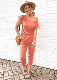 Grey Women's Loose Solid Off Shoulder Elastic Waist Stretchy Long Romper Jumpsuit - PRETTYGARDEN | Women's Romper & Jumper Suit