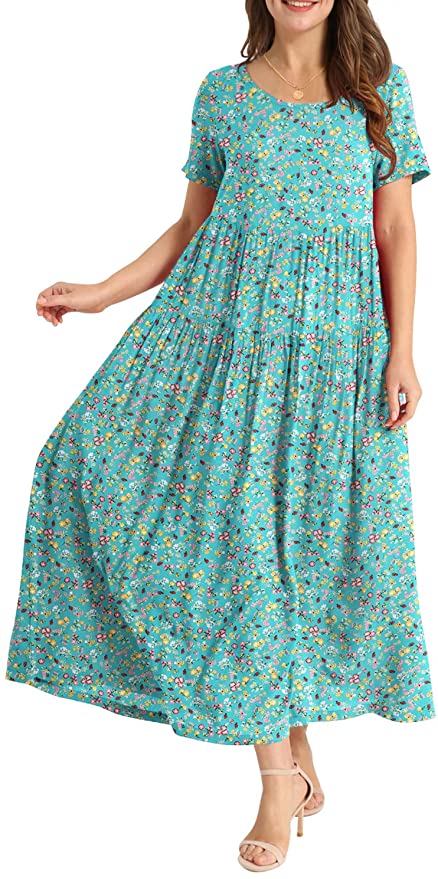Green Flower Women Casual Loose Bohemian Floral Dress with Pockets Short Sleeve Long Maxi Summer Beach Swing Dress - Yesno | Women's Casual Dresses