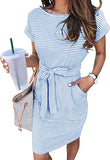 Blue Women's Summer Striped Short Sleeve T Shirt Dress Casual Tie Waist Midi Dress - MEROKEETY | Women's Casual Dresses
