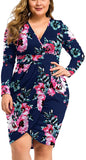 Floral Navy Blue Womens Plus Size Long Sleeves & Sleeveless Deep V Neck Bodycon Wrap Dress With Front Slit - Laolasi