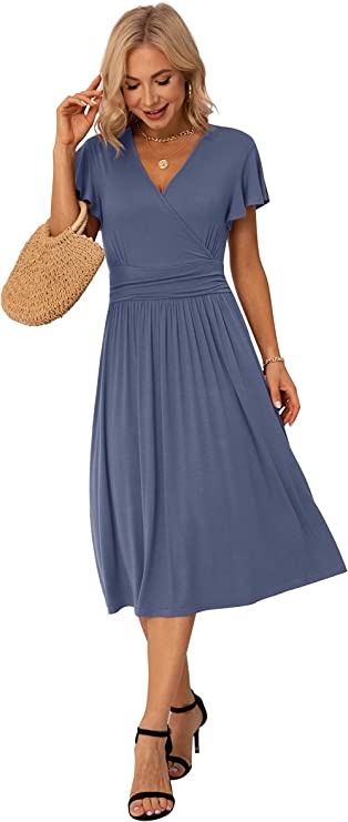 Peacock Blue Summer Wrap Dress Ladies Casual Ruffle Short Sleeve V-Neck Floral Beach - GRECERELLE | Women's Casual Dresses