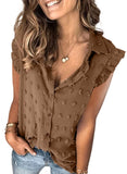 Brown Women Pompom Button Down Shirt Casual Blouse Top - Astylish | Women's Tops and Blouses