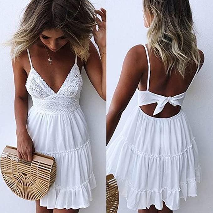 White Womens V-Neck Spaghetti Strap Bowknot Backless Sleeveless Lace Mini Swing Skater Dress - Ecowish | Women's Casual Dresses