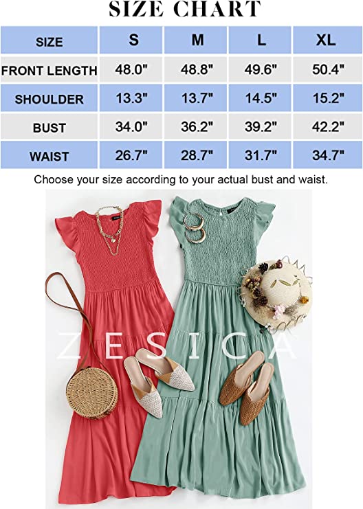 Dusty Blue Women's Summer Casual Flutter Short Sleeve Crew Neck Smocked Elastic Waist Tiered Midi Dress - ZESICA | Women's Casual Dresses
