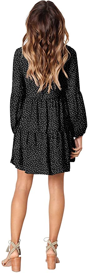 Polka Dot Black Long Sleeve Women Summer Tunic Dress V Neck Casual Loose Flowy Swing Shift Dresses - Amoretu | Women's Casual Dresses