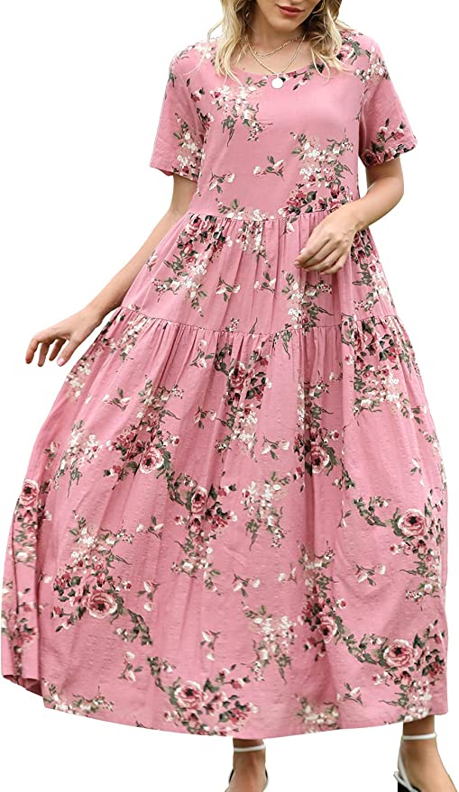Light Pink Women Casual Loose Bohemian Floral Dress with Pockets Short Original Brand