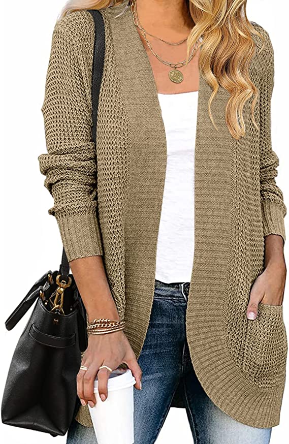 Light Khaki Women's Long Sleeve Open Front Casual Lightweight Soft Knit Cardigan Sweater Outerwear - ZESICA | Women's Cardigan