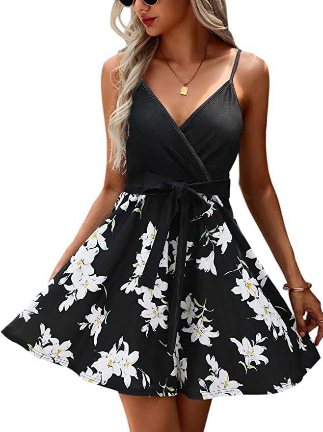 Black White Womens V-Neck Spaghetti Strap Bowknot Backless Sleeveless Lace Mini Swing Skater Dress - Ecowish | Women's Casual Dresses
