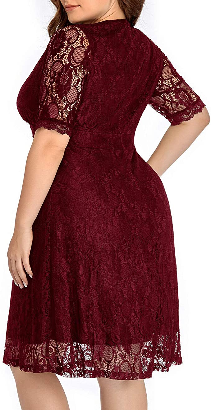 Burgundy Women Lace V Neck Plus Size Half Sleeve Knee Length Cocktail Wedding Guest Swing Dress - Pinup | Women's Cocktail Dresses