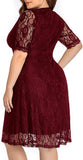 Burgundy Women Lace V Neck Plus Size Half Sleeve Knee Length Cocktail Wedding Guest Swing Dress - Pinup | Women's Cocktail Dresses
