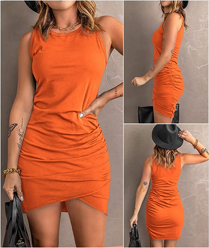 Bright Orange Women Casual Dress Crew Neck Ruched Summer Sleeveless Tank Bodycon Shirt Short Mini Dresses - BTFBM | Women's Club Dresses