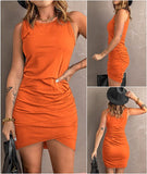 Bright Orange Women Casual Dress Crew Neck Ruched Summer Sleeveless Tank Bodycon Shirt Short Mini Dresses - BTFBM | Women's Club Dresses