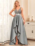 Gray Women's V-Neck A-line High-Low Party Dress Long Evening Dress - Ever Pretty