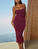 Burgundy Women's Sexy Ruched Bodycon Spaghetti Strap Backless Maxi Pencil Formal Dress - L'VOW | Women's Formal Dresses