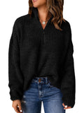 Black Sweaters for Women Waffle Kint Long Sleeve Zip Pullover Polo V Neck Sweater for Women - EVALESS | Women's Sweaters