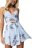 Light Blue Women's Sexy V Neck Printed Spaghetti Strap Beach Romper Shorts Jumpsuit - Angashion | Women's Cocktail Dresses