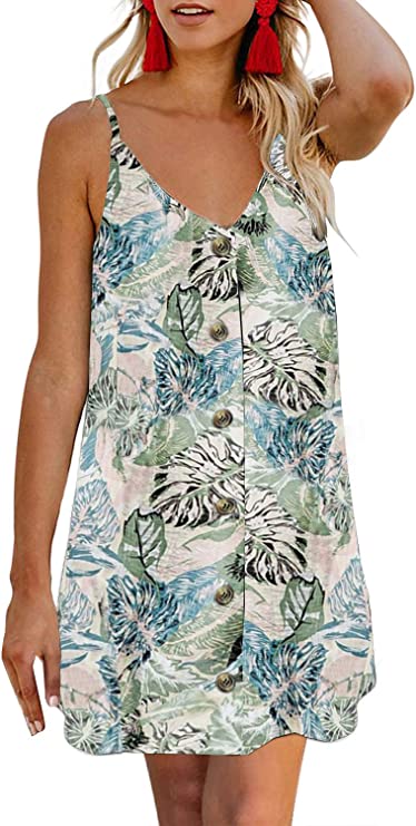 Floral Sky Blue Women Summer Spaghetti Strap Button Down V Neck Sleeveless Casual Mini Dress - AlvaQ | Women's Cocktail Dresses