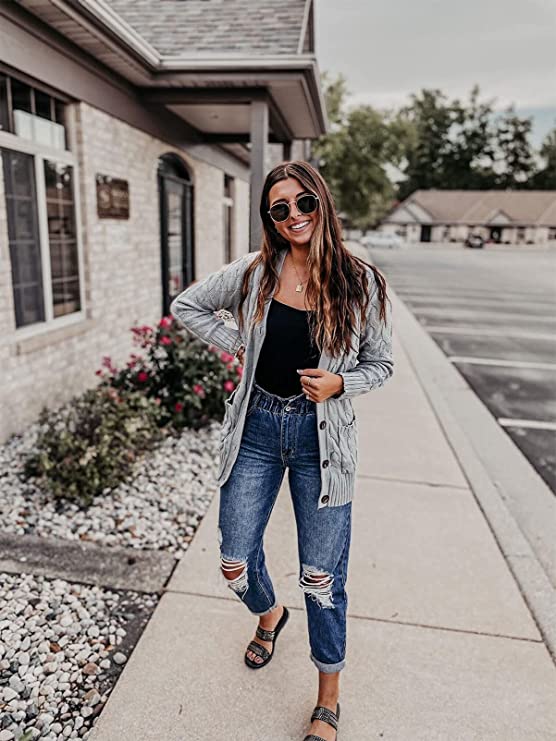 Army Green Women's Long Sleeve Cable Knit Sweater Open Front Cardigan Button Loose Outerwear - MEROKEETY | Women's Cardigan