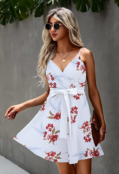 White Red Women's Sexy V Neck Printed Spaghetti Strap Beach Romper Shorts Jumpsuit - Angashion | Women's Cocktail Dresses