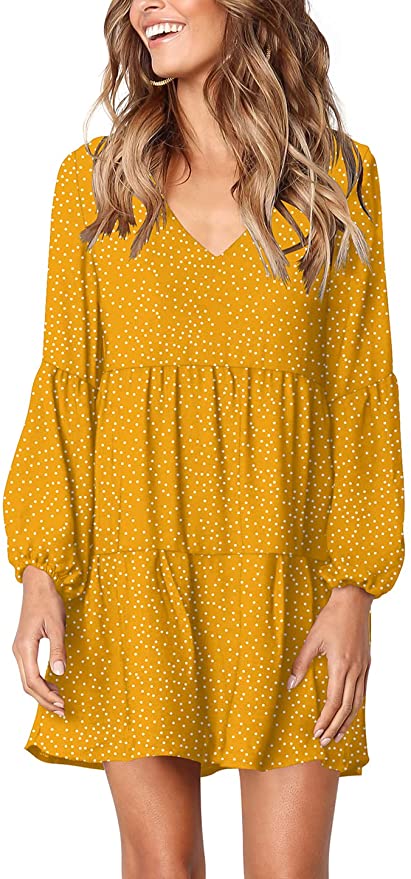 Polka Dot Yellow Long Sleeve Women Summer Tunic Dress V Neck Casual Loose Flowy Swing Shift Dresses - Amoretu | Women's Casual Dresses