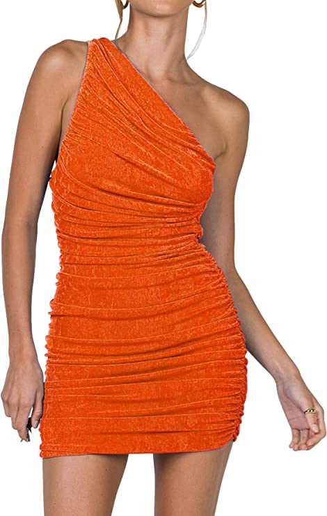 Neon Orange Women's Sexy One Shoulder Ruched Sleeveless Bodycon Mini Short Dress - Lyaner | Women's Formal Dresses