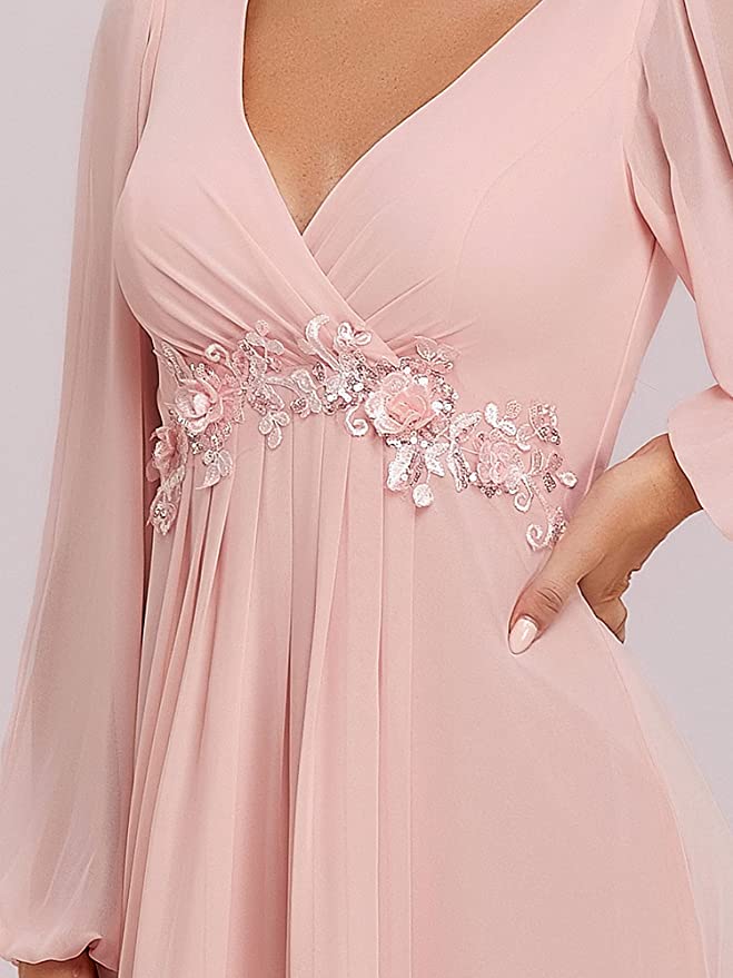 Pink Women's A-line Long Sleeve V-Neck Chiffon Mother of The Bride Dress - Ever-Pretty | Women's Formal Dresses