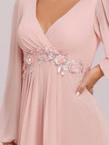 Pink Women's A-line Long Sleeve V-Neck Chiffon Mother of The Bride Dress - Ever-Pretty | Women's Formal Dresses