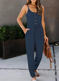 Blue Women's Casual Sleeveless Front Button Loose Jumpsuits Stretchy Long Pants Romper with Pockets - Happy Sailed | Women's Romper & Jumper Suit