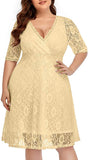 Yellow Women Lace V Neck Plus Size Half Sleeve Knee Length Cocktail Wedding Guest Swing Dress - Pinup | Women's Cocktail Dresses