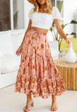 Peach Women's Bohemian Floral Printed Elastic Waist A Line Maxi Skirt with Pockets - ZESICA | Women's Casual Dresses