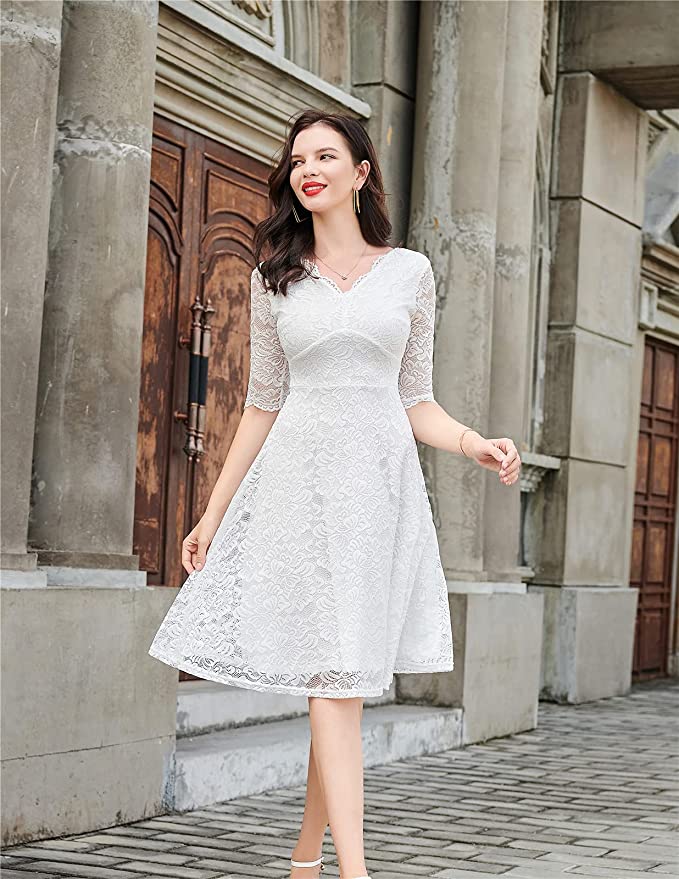 White Cocktail Dress for Women Vintage Wedding Guest Lace Midi Dress P Original Brand