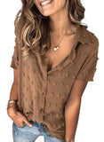Brown Half Sleeve Women Pompom Button Down Shirt Casual Blouse Top - Astylish | Women's Tops and Blouses