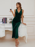 Green Tank Dress Women's V Neck Wrap Long Sleeve Elegant Mermaid Velvet Cocktail Maxi Dress Evening Party - ZABERRY | Women's Formal Dresses