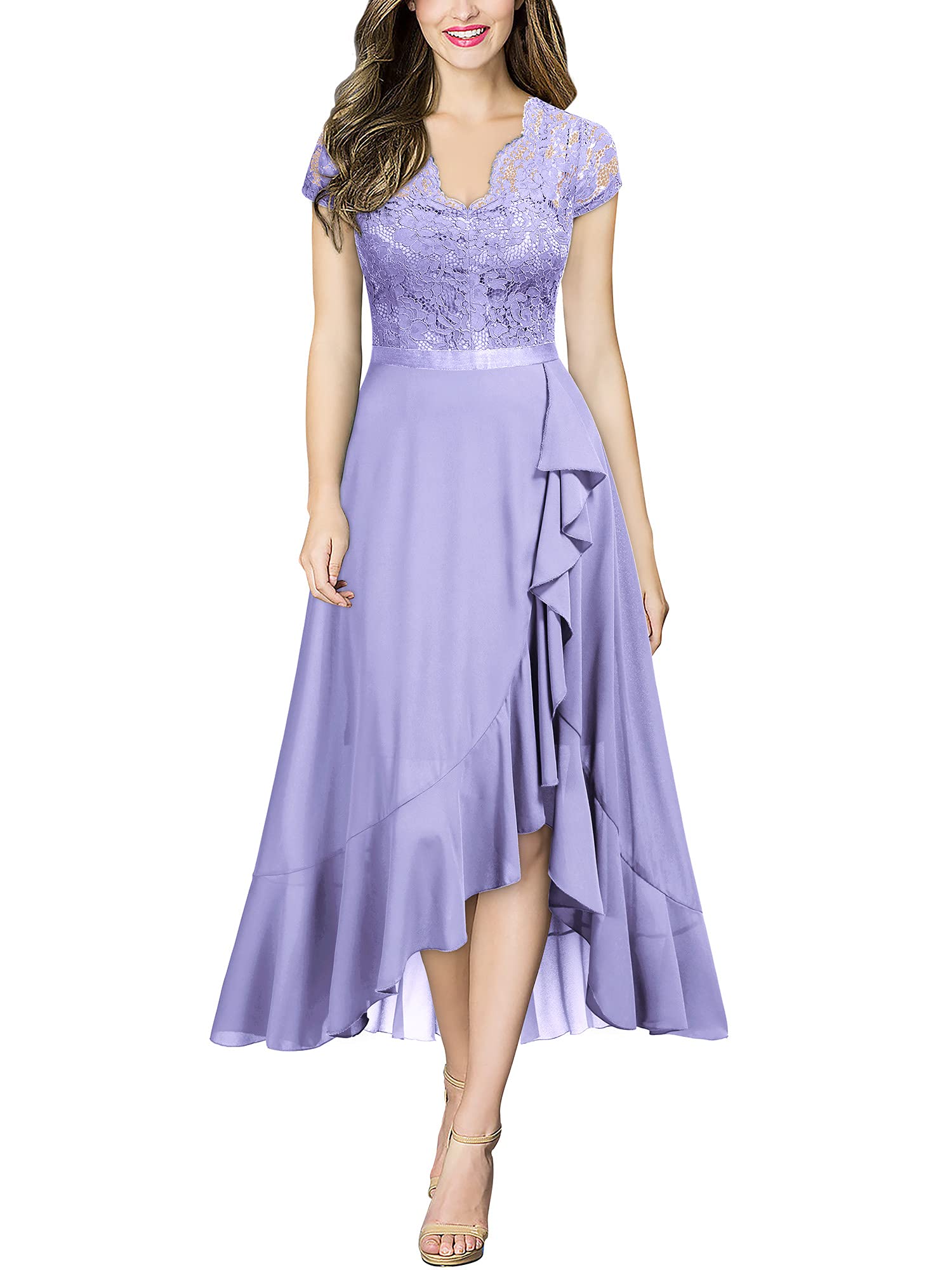 Light Purple Women's V Neck Elegant Lace Ruffle Bridesmaid Maxi Dress - Miusol