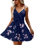 Navy Womens V-Neck Spaghetti Strap Bowknot Backless Sleeveless Lace Mini Swing Skater Dress - Ecowish | Women's Casual Dresses