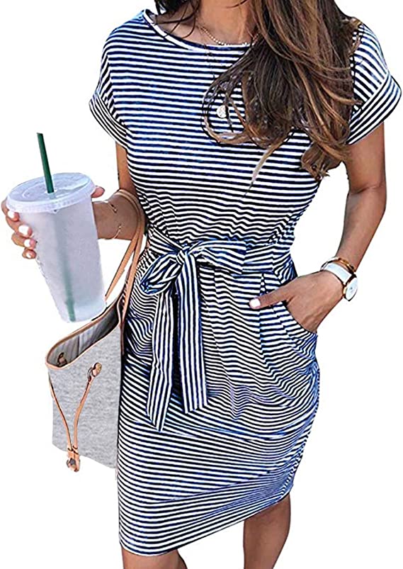 Navy Women's Summer Striped Short Sleeve T Shirt Dress Casual Tie Waist Midi Dress - MEROKEETY | Women's Casual Dresses