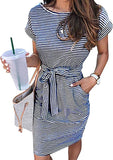 Navy Women's Summer Striped Short Sleeve T Shirt Dress Casual Tie Waist Midi Dress - MEROKEETY | Women's Casual Dresses