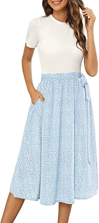White Light Blue Women Short Sleeve Ribbed Midi Dress Modest Casual Work Dress with Pockets - Zattcas | Women's Casual Dresses