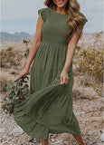 Light Green Summer Smocked Dress Flutter Short Sleeve Crewneck Elastic Waist Tiered Midi Dresses - WISFRUIT | Women's Casual Dresses