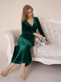 Green Women's V Neck Wrap Long Sleeve Elegant Mermaid Velvet Cocktail Maxi Dress Evening Party - ZABERRY | Women's Formal Dresses