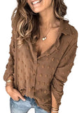 Brown Long Sleeve Women Pompom Button Down Shirt Casual Blouse Top - Astylish | Women's Tops and Blouses