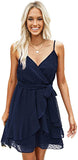 Navy Blue Womens V-Neck Spaghetti Strap Bowknot Backless Sleeveless Lace Mini Swing Skater Dress - Ecowish | Women's Casual Dresses