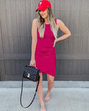 Dark Rose Red Women Casual Dress Crew Neck Ruched Summer Sleeveless Tank Bodycon Shirt Short Mini Dresses - BTFBM | Women's Club Dresses